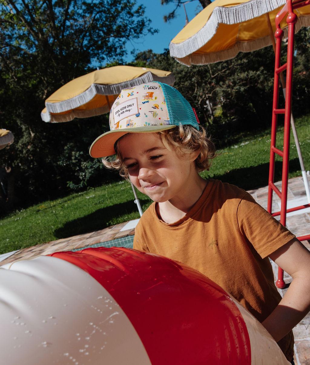 Cappellino bambino beige blu stampa USA visiera curva Hello Hossy