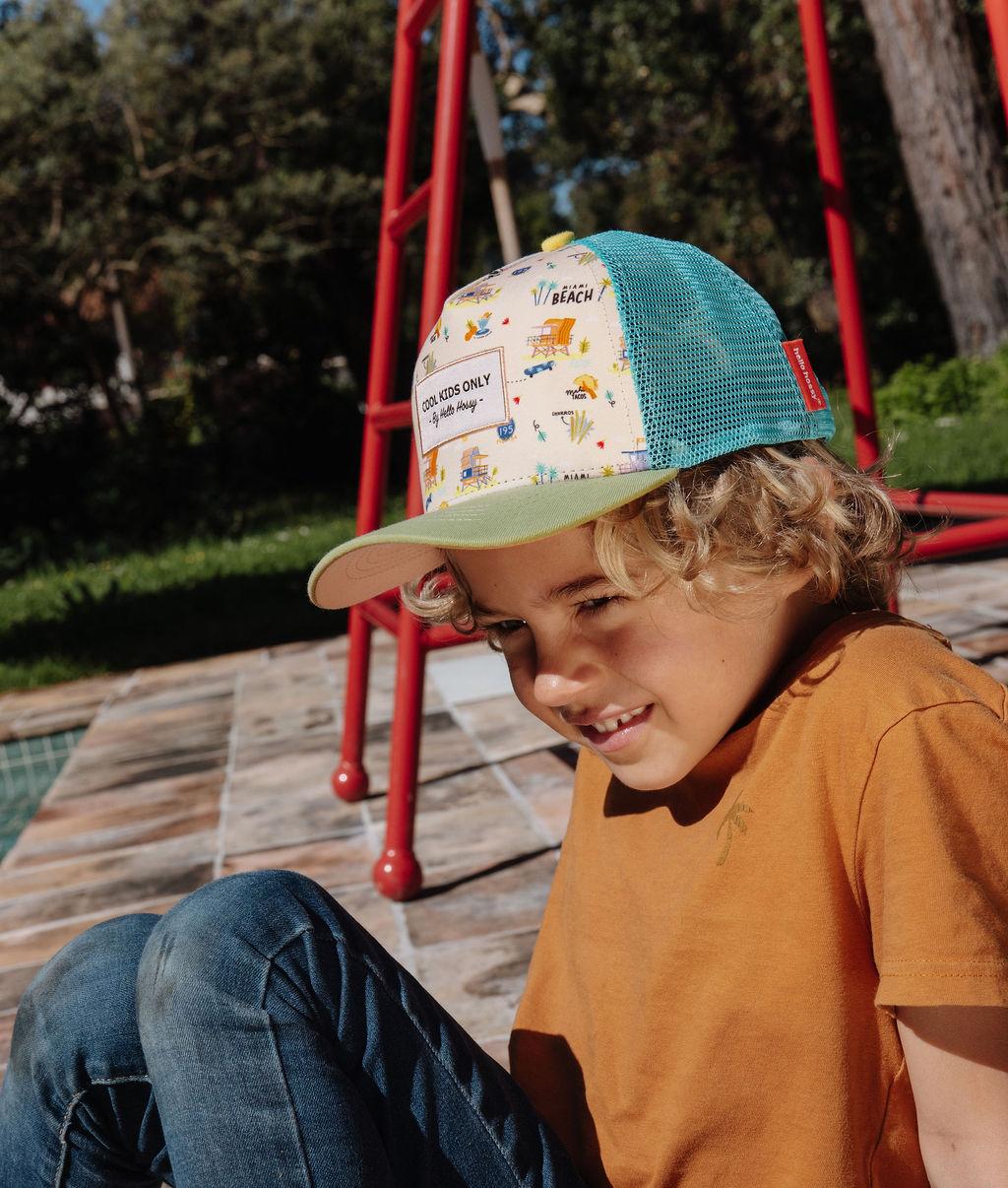 Cappellino bambino beige blu stampa USA visiera curva Hello Hossy