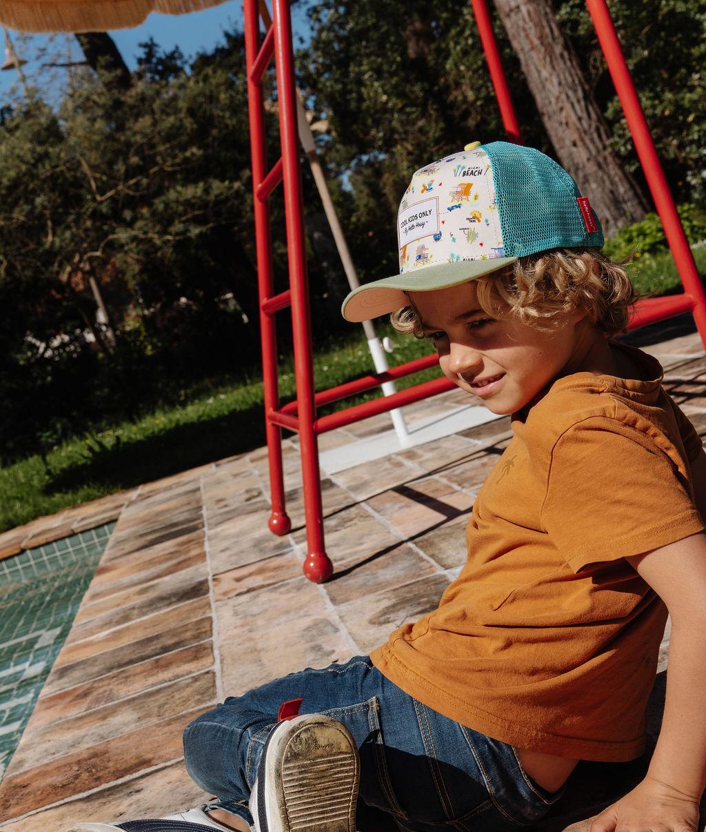 Cappellino bambino stampato USA rete turchese visiera Beige Hello Hossy