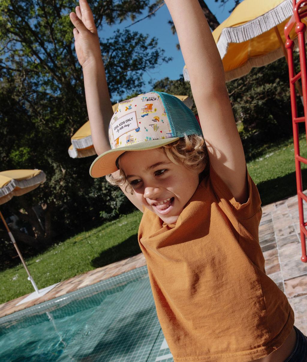 Cappellino bambino Beige blu stampato spiaggia rete posteriore visiera curva Hello Hossy