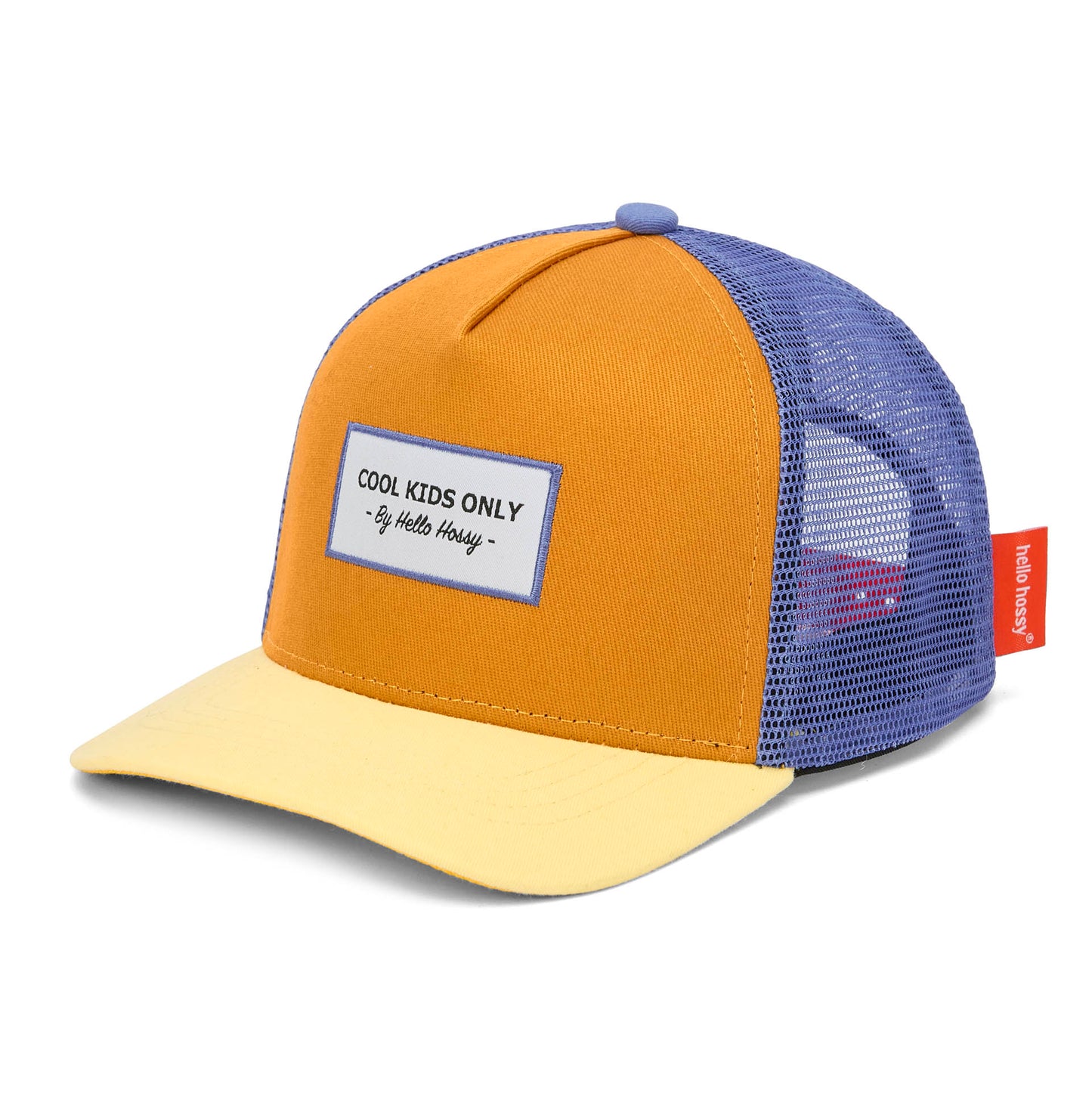 Cappellino bambino cammello visiera giallo rete blu ricamo Hello Hossy