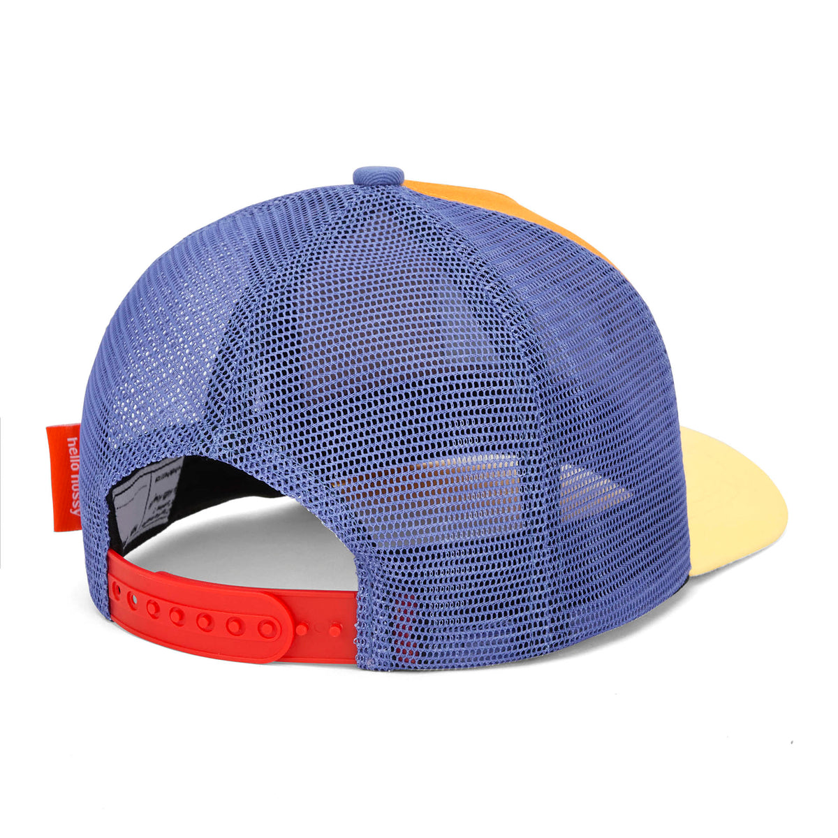 Cappellino bambino blu con rete rossa, visiera gialla regolabile Hello Hossy