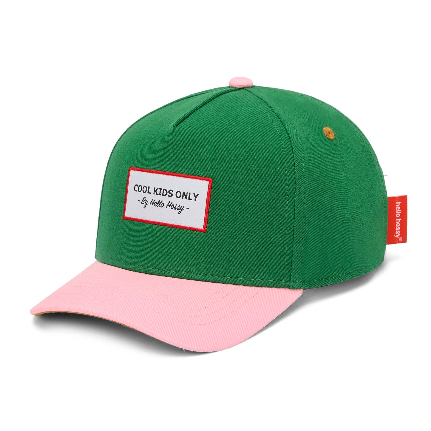 Cappellino per bambini verde con visiera rosa non indossato Hello Hossy