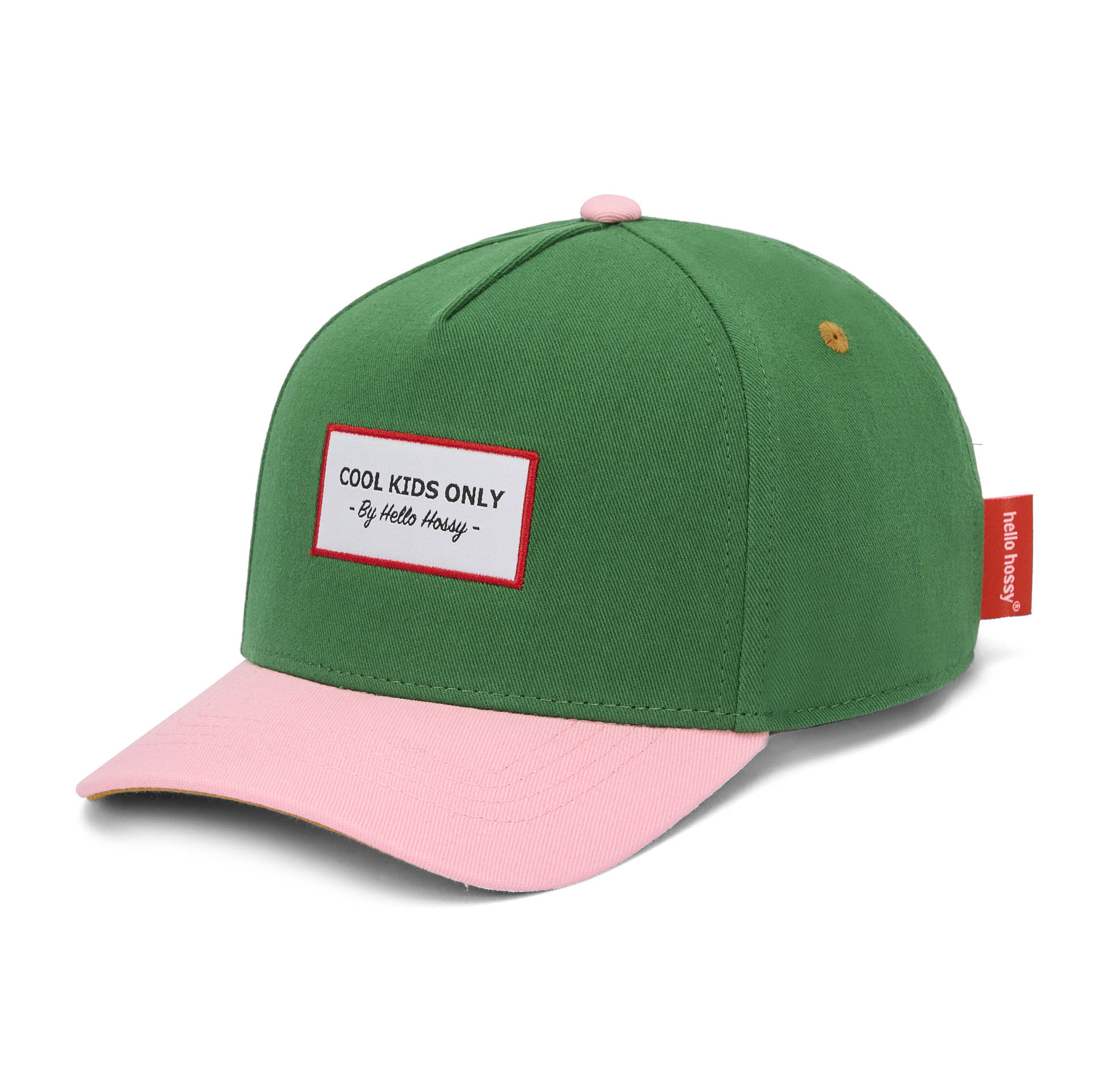 Cappellino per bambini verde con visiera rosa non indossato Hello Hossy