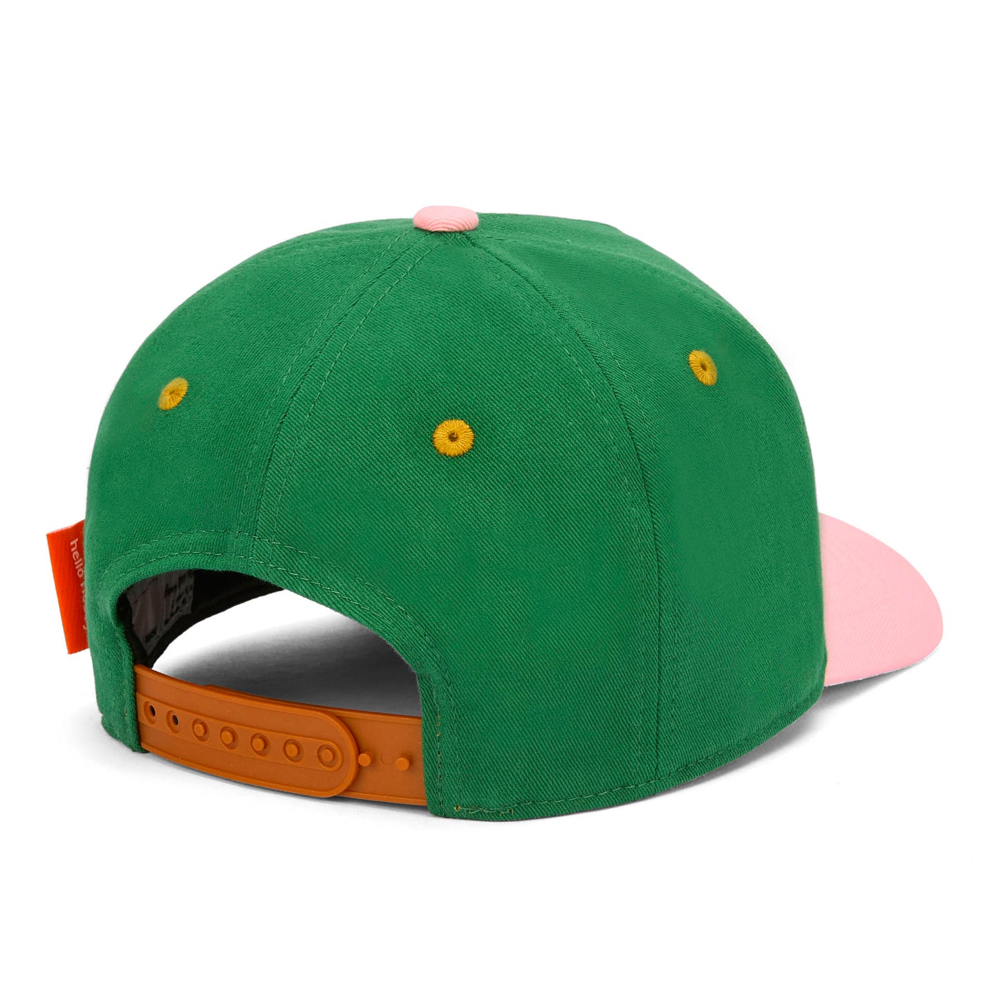 Cappellino bambino verde indossato, dettaglio chiusura posteriore Hello Hossy