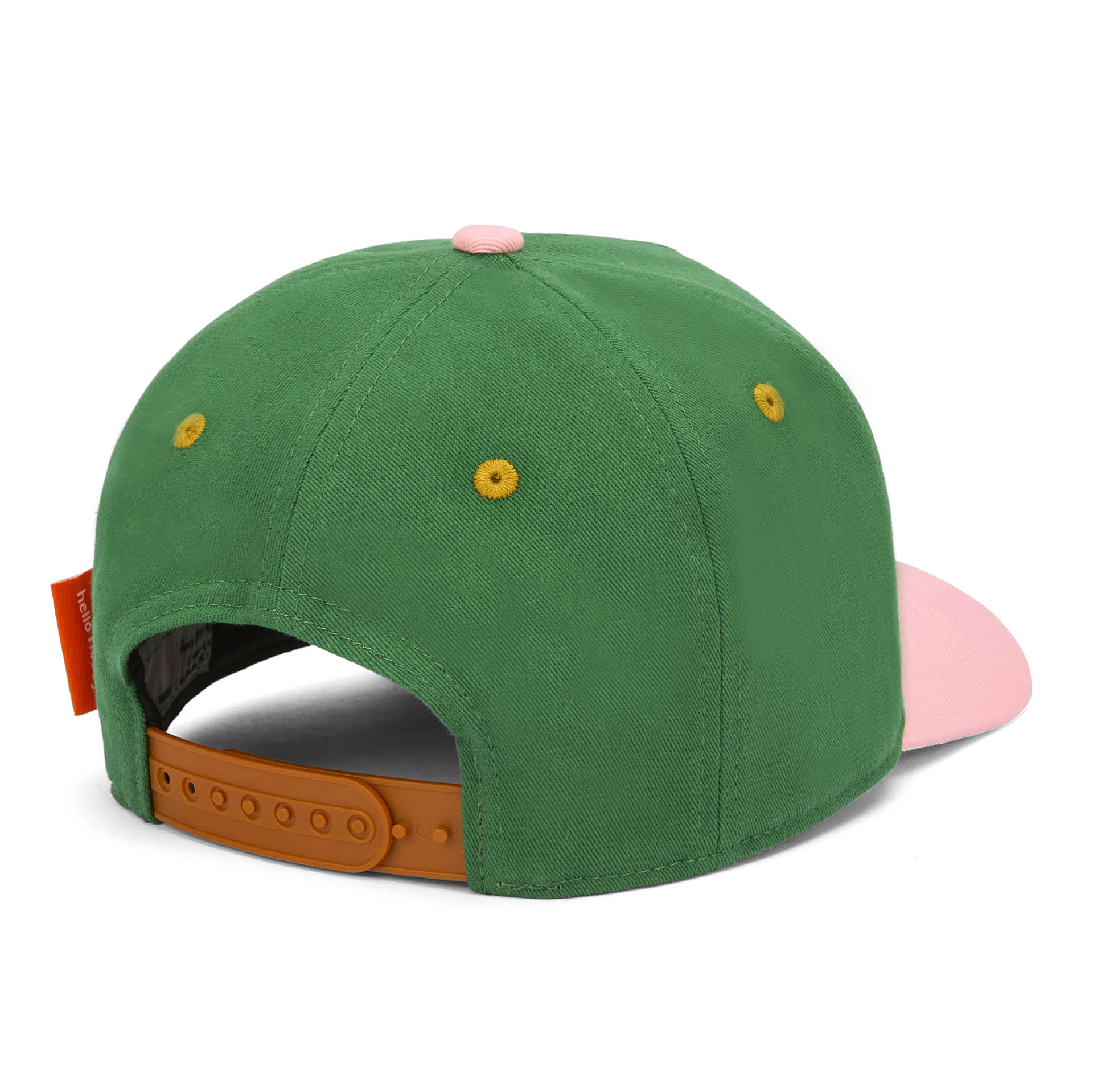 Cappellino bambino verde indossato, dettaglio chiusura posteriore Hello Hossy
