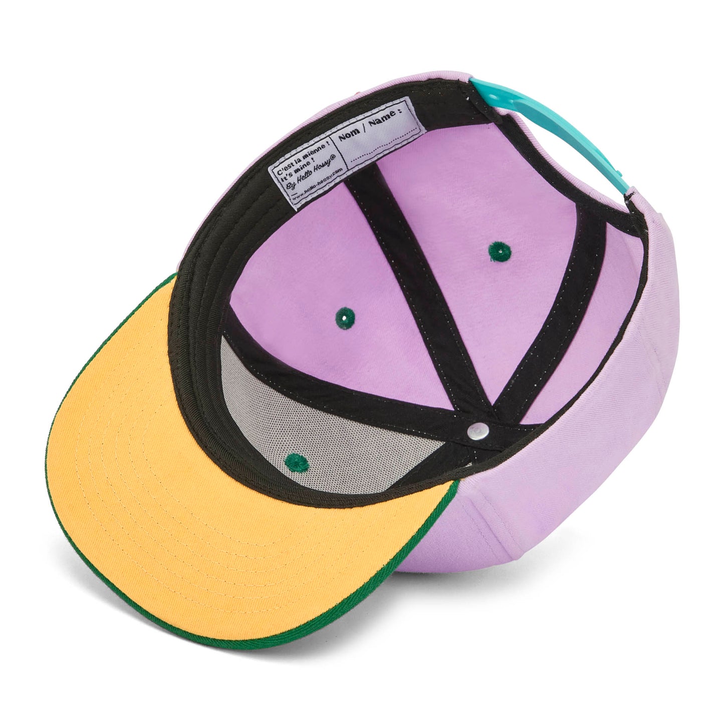 Cappellino bambino rosa con visiera verde dettaglio etichetta interna Hello Hossy