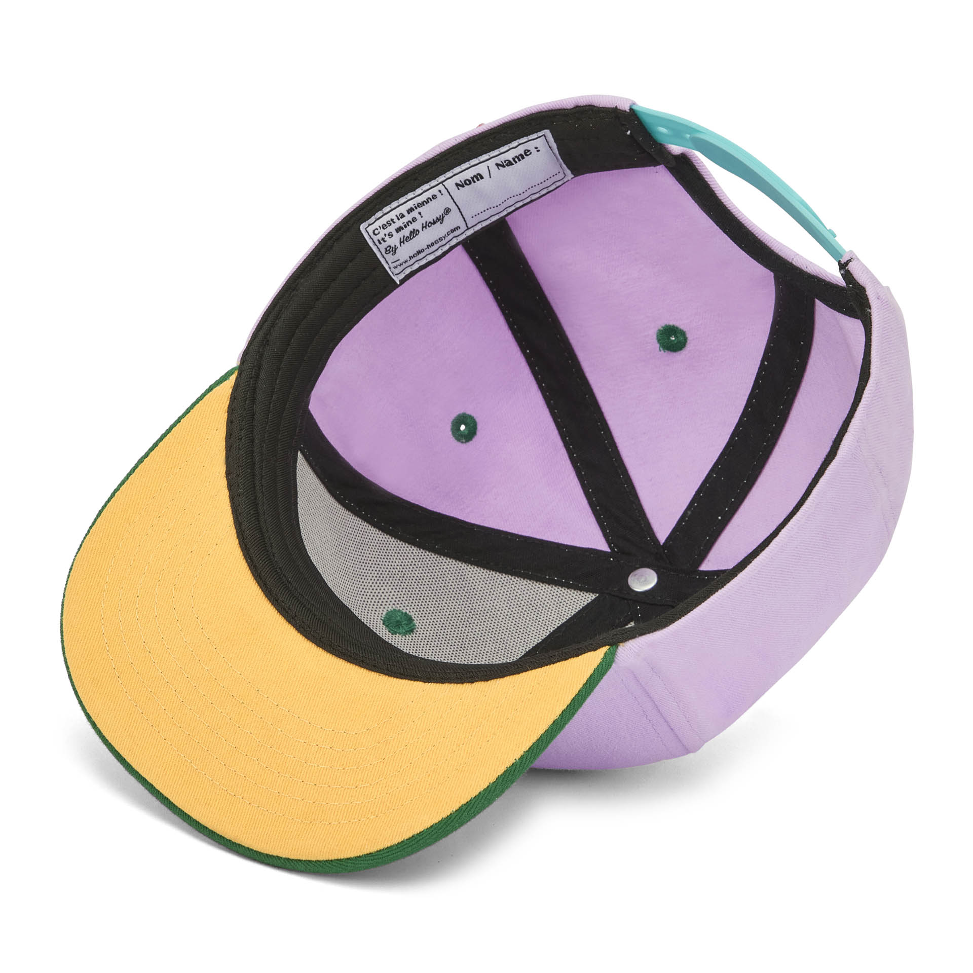Cappellino bambino rosa con visiera verde dettaglio etichetta interna Hello Hossy