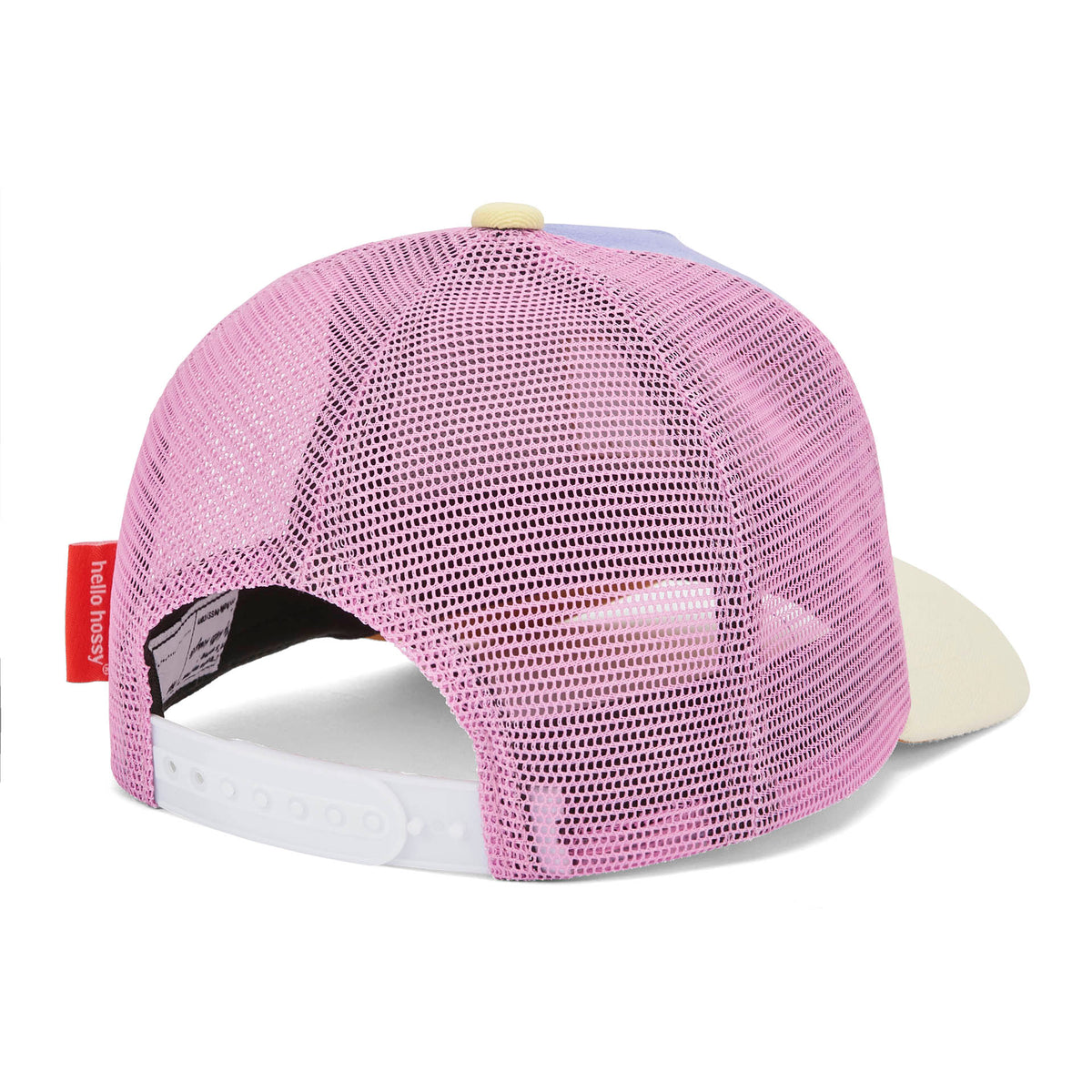 Cappellino per bambini viola e rosa, dettaglio chiusura posteriore Hello Hossy