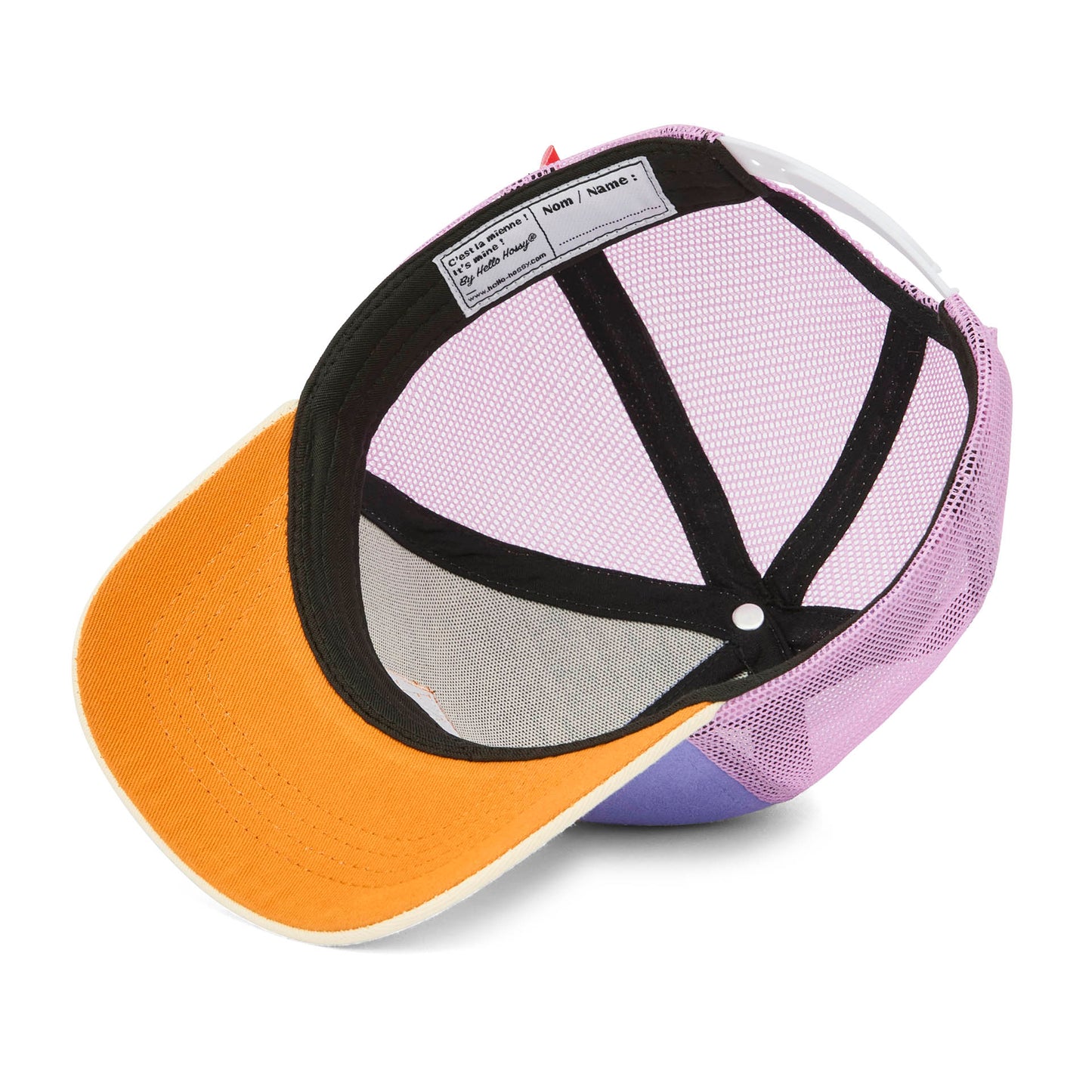 Cappellino bambino trucker violette e rosa, dettaglio etichetta interna Hello Hossy