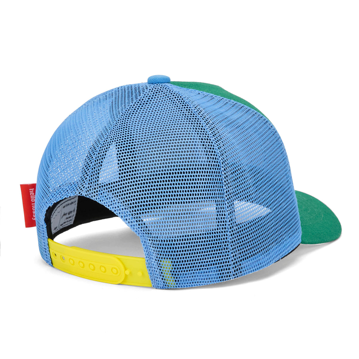 Cappellino bambino verde blu rete posteriore dettaglio regolabile Hello Hossy