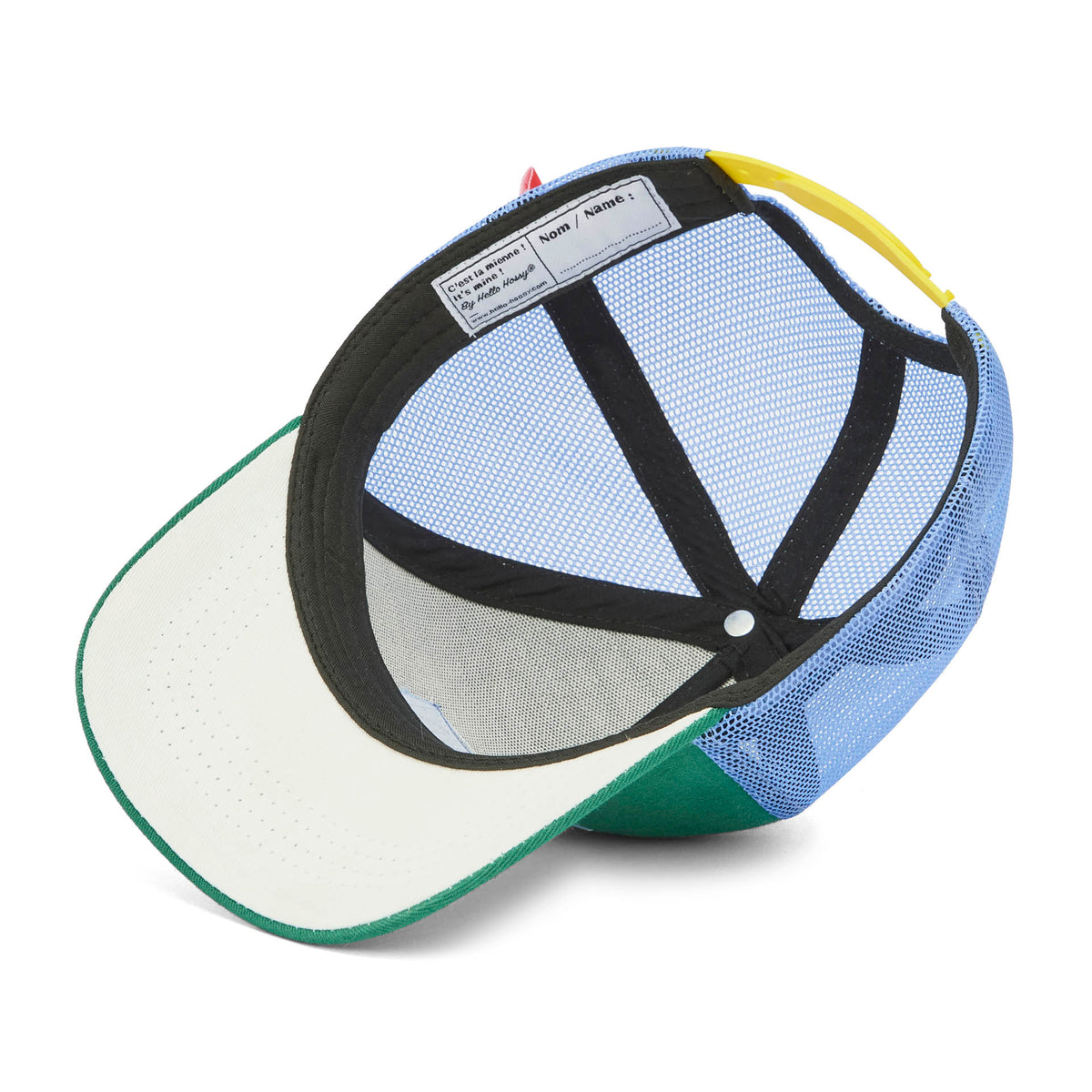 Cappellino da bambino verde e blu, visiera curva, rete posteriore, etichetta interna Hello Hossy