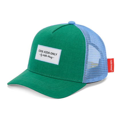 Cappellino bambino verde blu rete posteriore visiera curva Hello Hossy