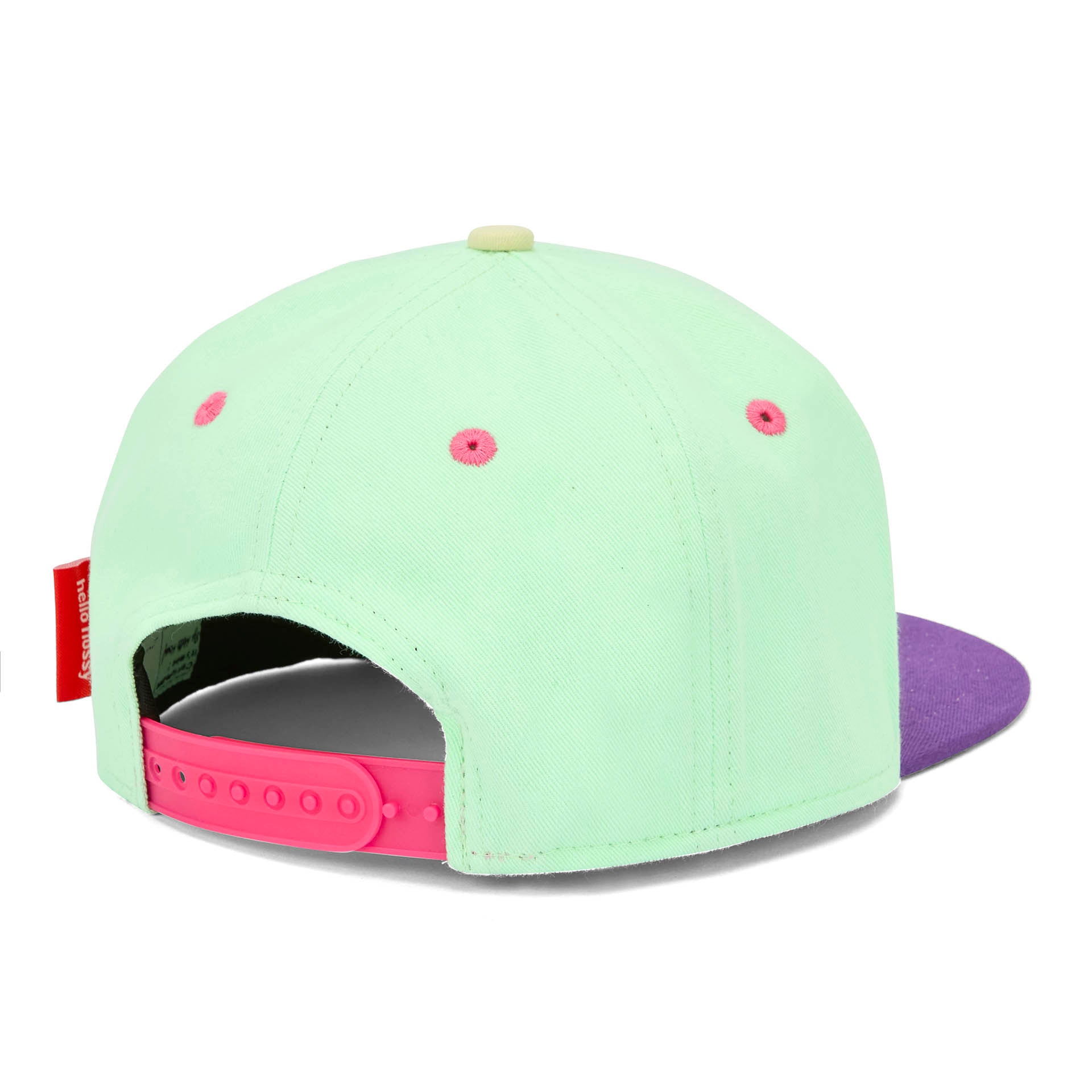 Cappellino bambino verde menta e violette dettaglio chiusura posteriore Hello Hossy