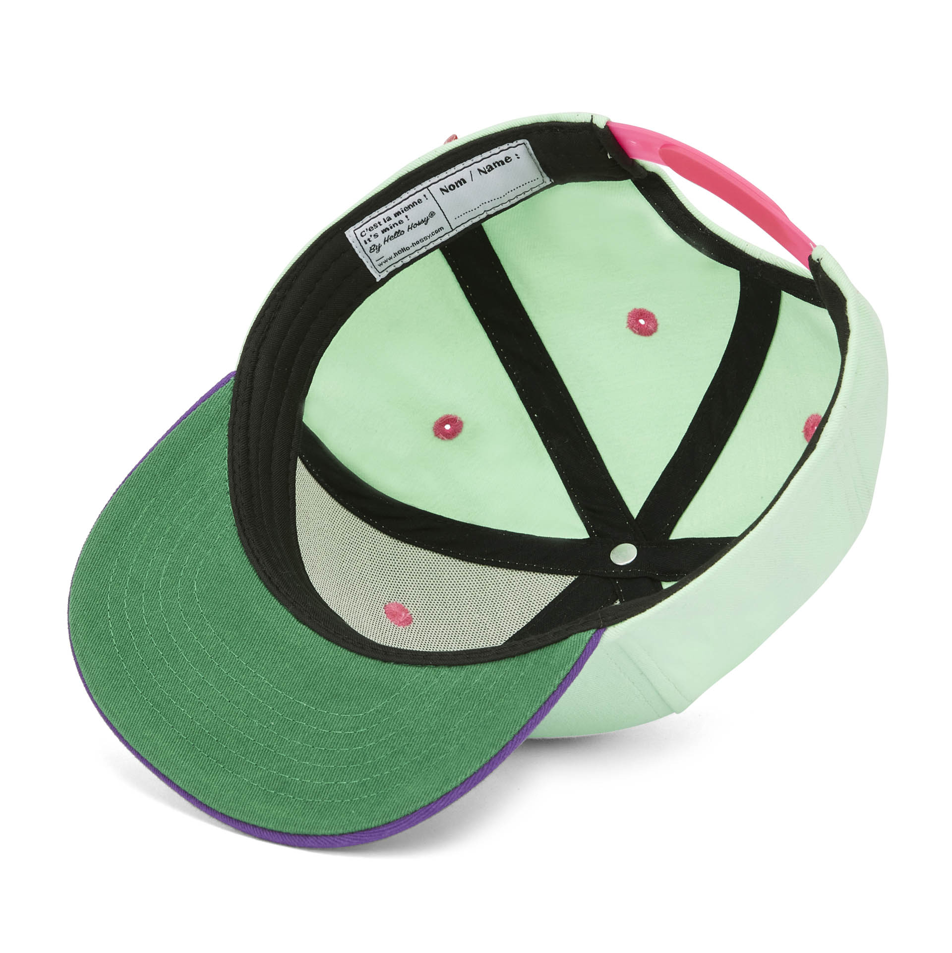 Cappellino per bambini verde menta con visiera violette, dettaglio etichetta interna Hello Hossy
