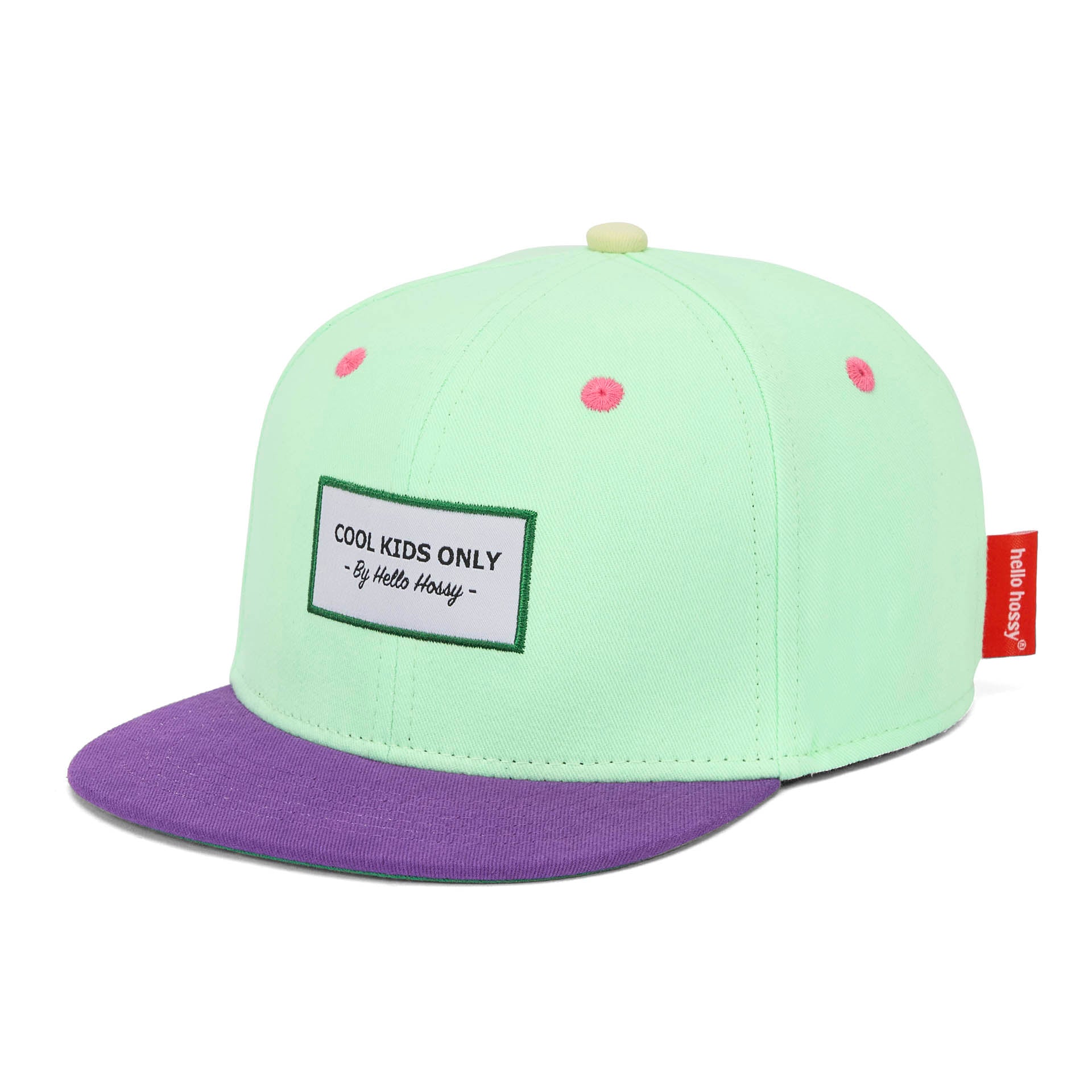 Cappellino bambino verde menta con visiera violette non indossato Hello Hossy