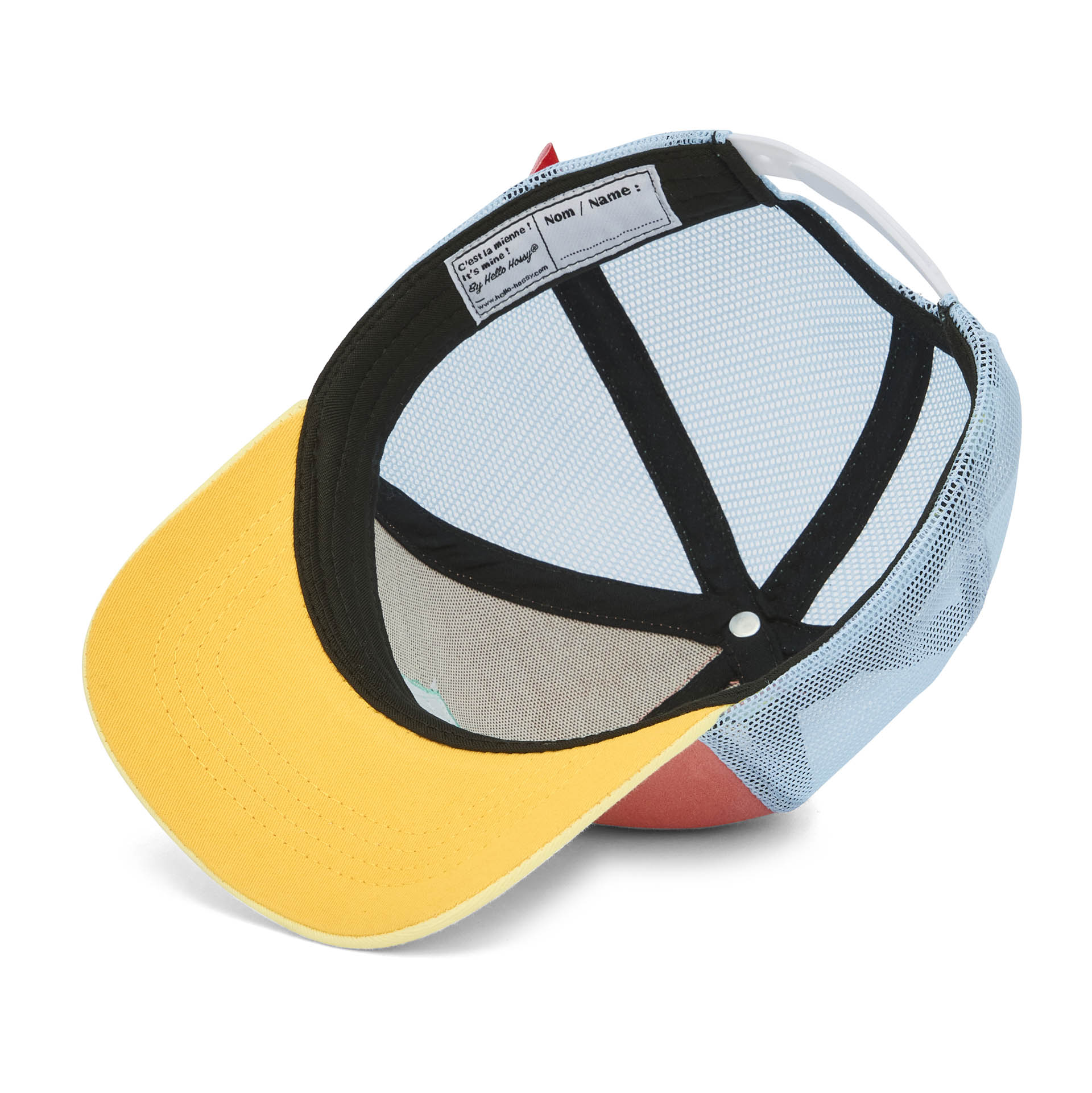 Cappellino trucker arancione da bambino, visiera gialla, dettaglio etichetta interna Hello Hossy