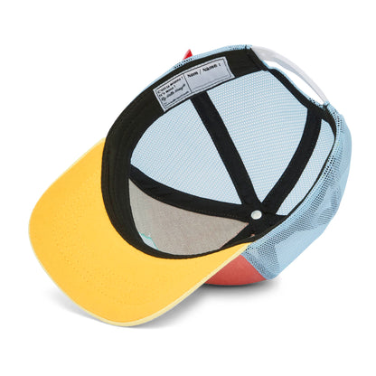 Cappellino trucker arancione da bambino, visiera gialla, dettaglio etichetta interna Hello Hossy