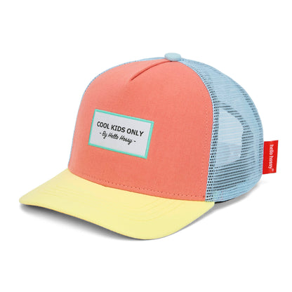 Cappellino bambino arancione con rete blu chiaro non indossato Hello Hossy