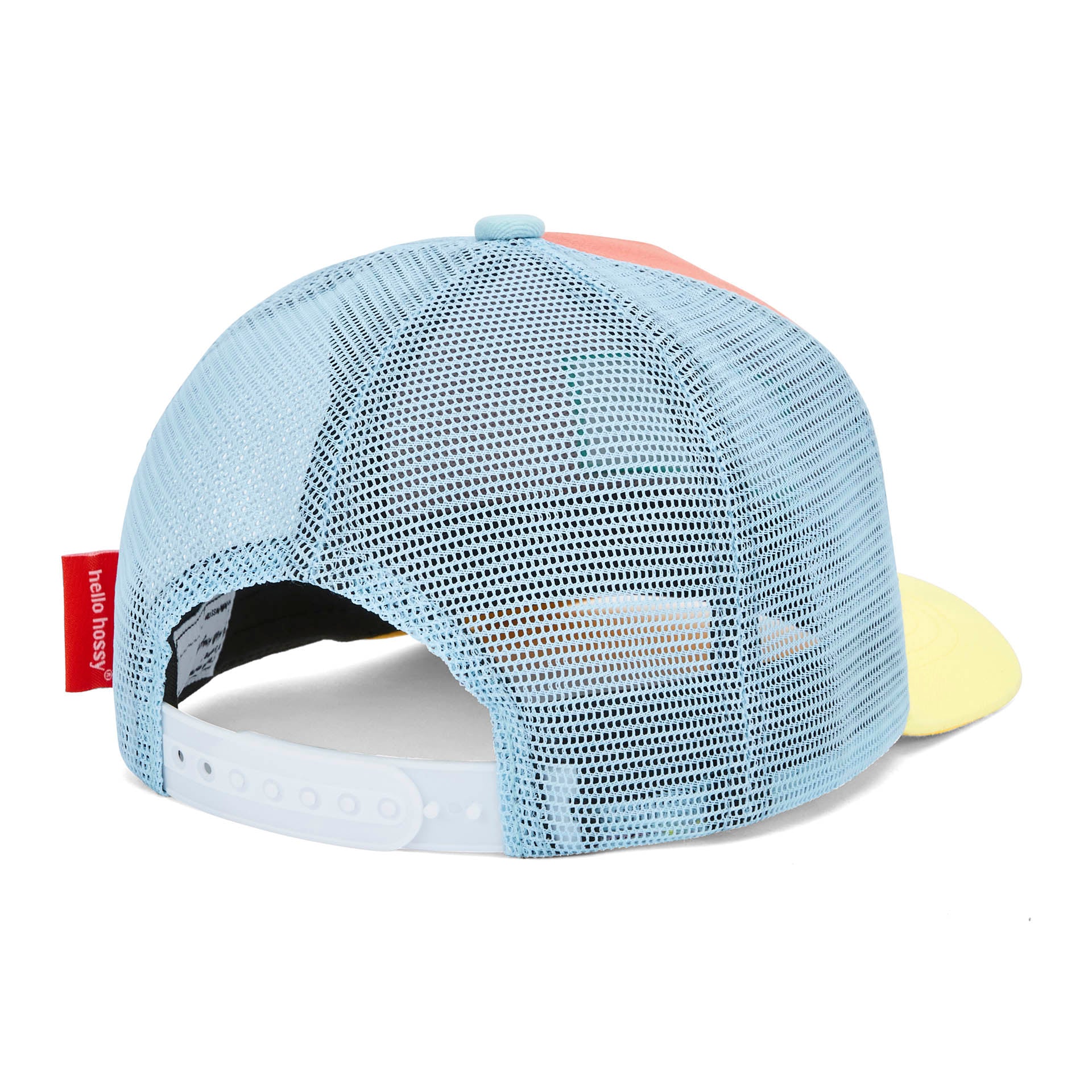 Cappellino bambino arancione con rete blu chiaro, dettaglio chiusura posteriore Hello Hossy