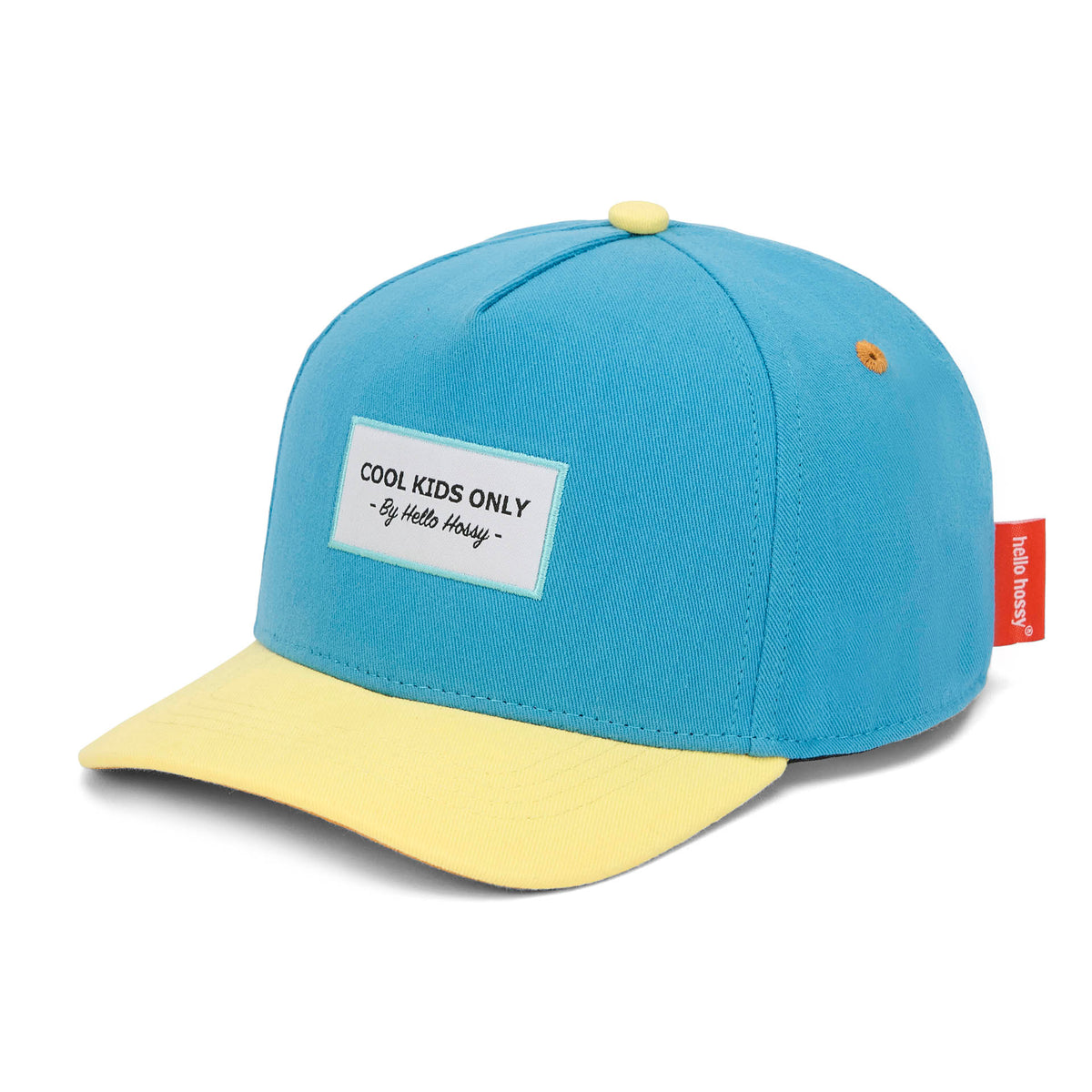 Cappellino bambino blu, visiera gialla, ricamo Cool Kids Only Hello Hossy