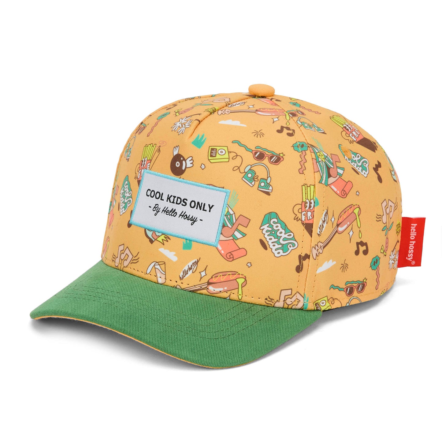 Cappellino bambino color cammello stampato musica, visiera verde, ricamo Cool Kids Only Hello Hossy