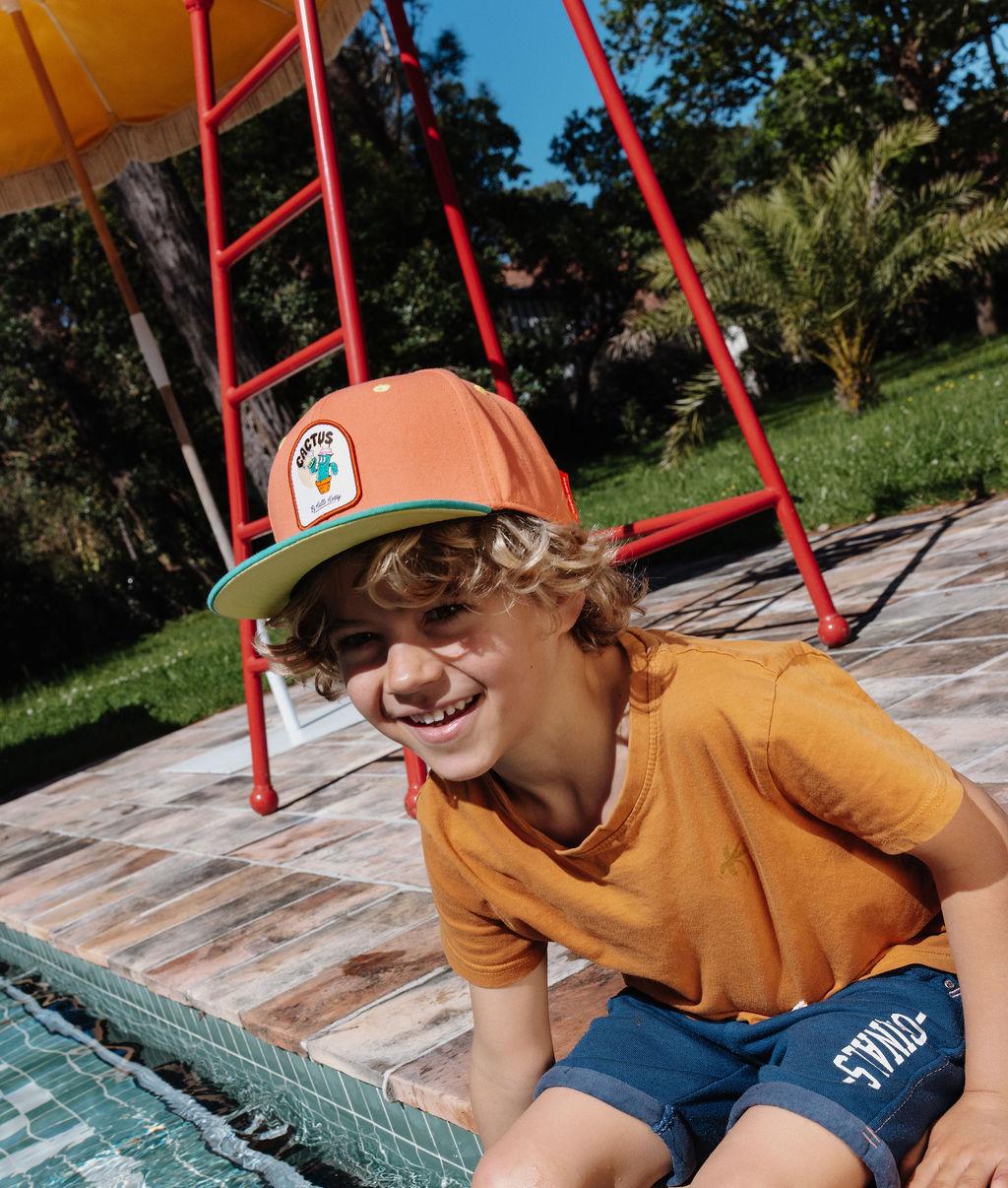 Cappellino per bambini arancione con visiera piatta, patch cactus Hello Hossy