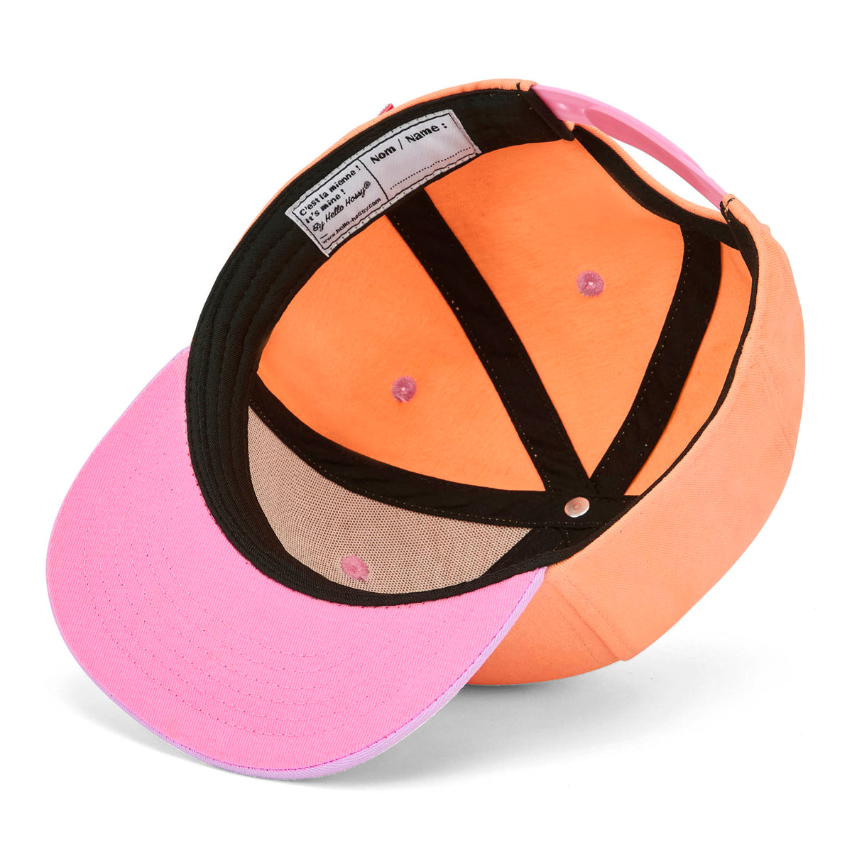 Cappellino bambino arancione rosa patch visiera piatta Hello Hossy
