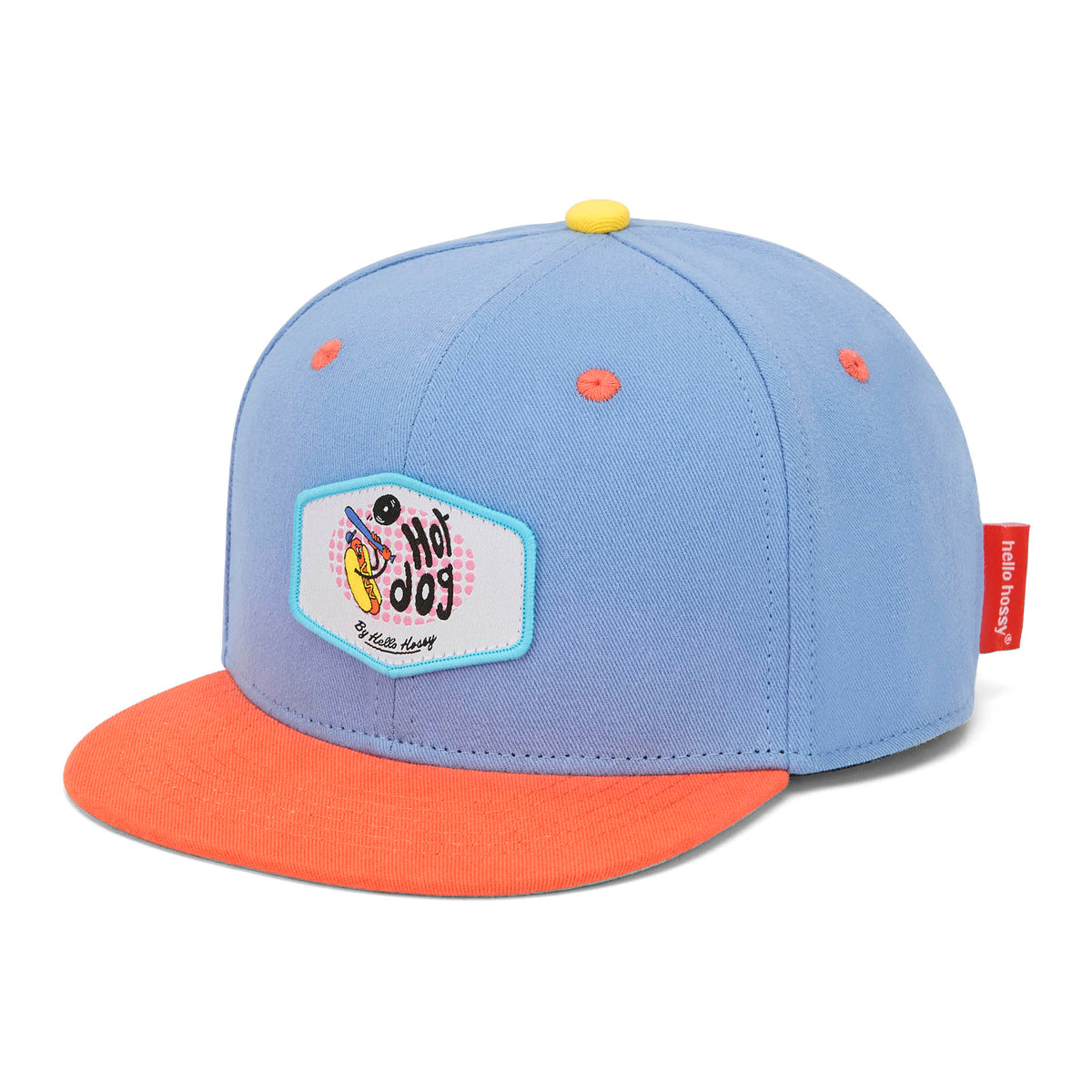 Cappellino bambino blu arancione patch Hot Dog visiera piatta Hello Hossy
