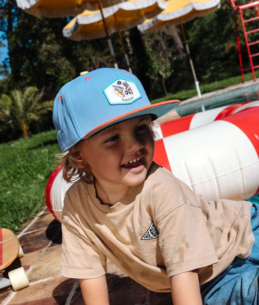 Cappellino bambino blu arancione patch Hot Dog visiera piatta Hello Hossy