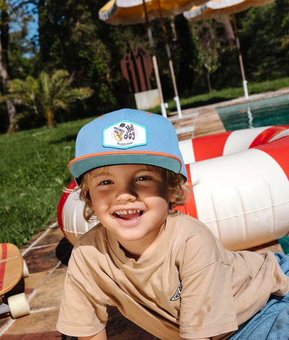 Cappellino bambino blu arancione patch Hot Dog visiera piatta Hello Hossy