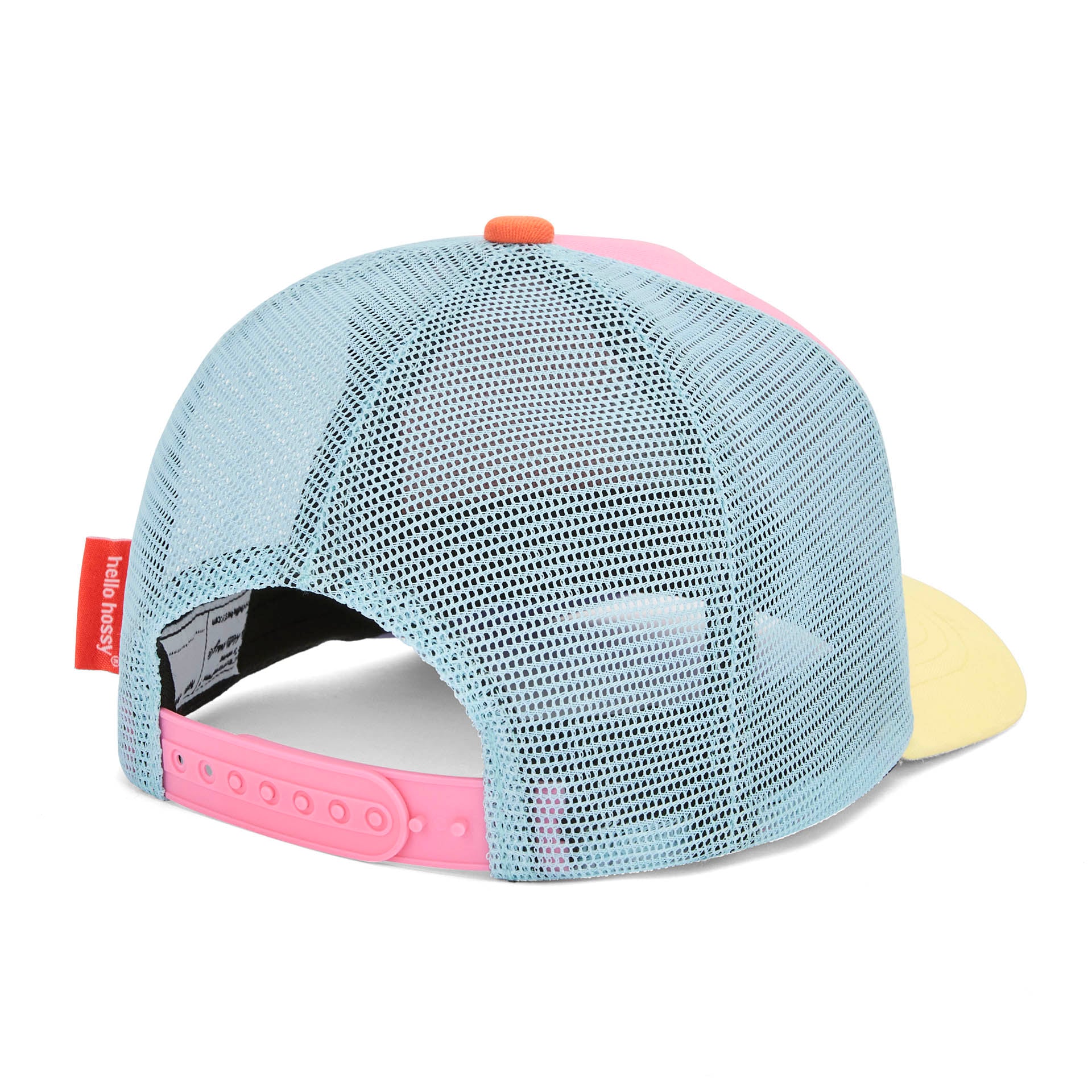 Cappellino per bambini blu rosa giallo, visiera curva, rete Hello Hossy
