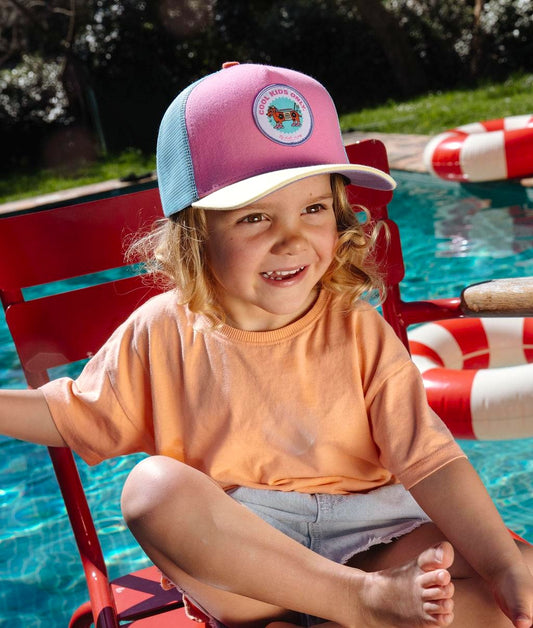 Cappellino bambino rosa e blu con visiera Beige, patch cane Hello Hossy