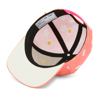 Cappellino bambino corallo a fiori visiera piatta dettaglio etichetta interna Hello Hossy