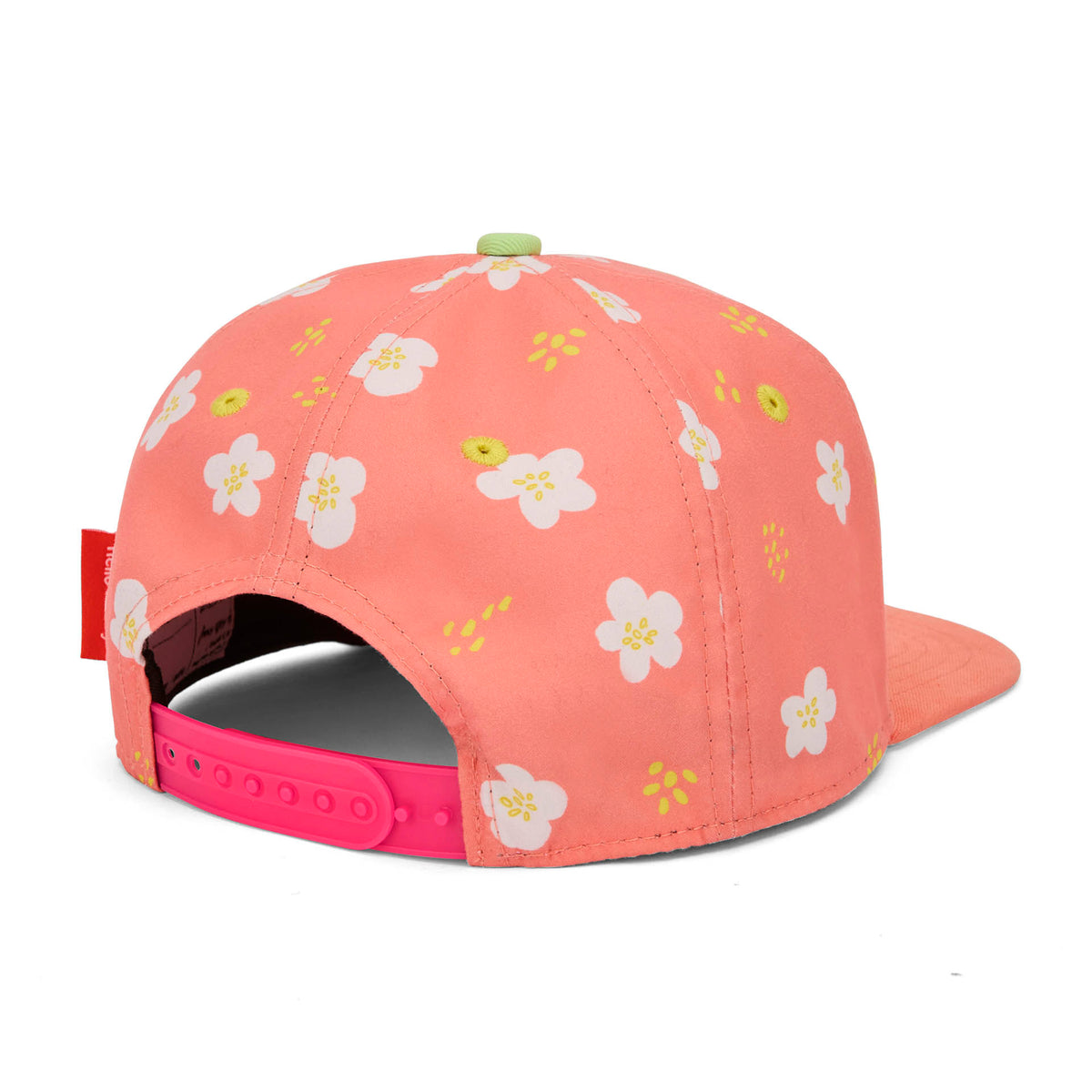 Cappellino bambino corallo a fiori visiera piatta dettaglio chiusura posteriore Hello Hossy