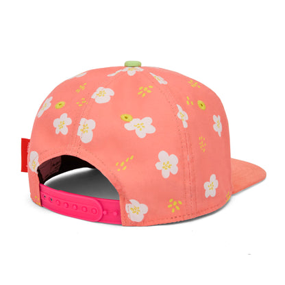 Cappellino bambino corallo a fiori visiera piatta dettaglio chiusura posteriore Hello Hossy