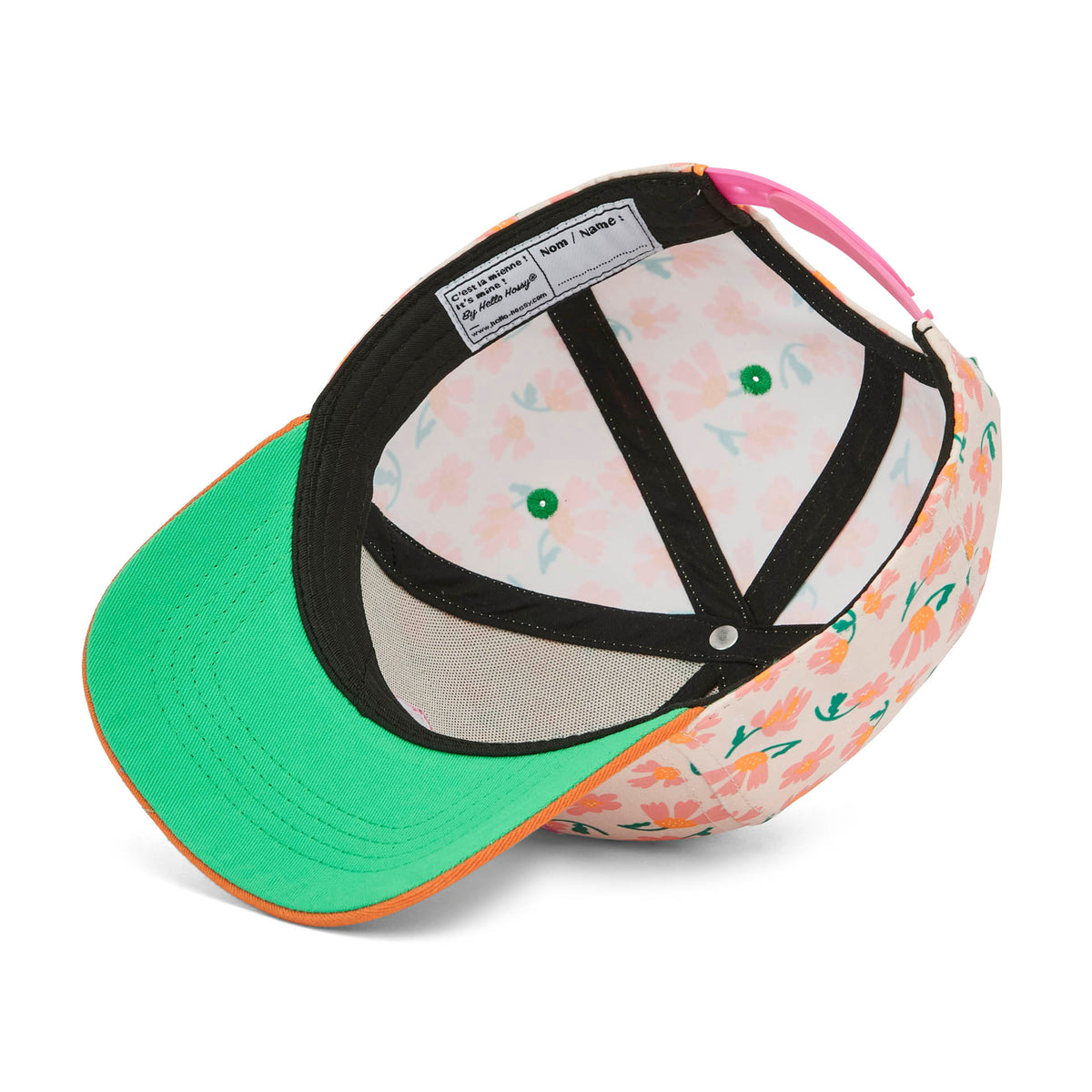 Cappellino per bambini stampato floral, dettaglio etichetta interna Hello Hossy