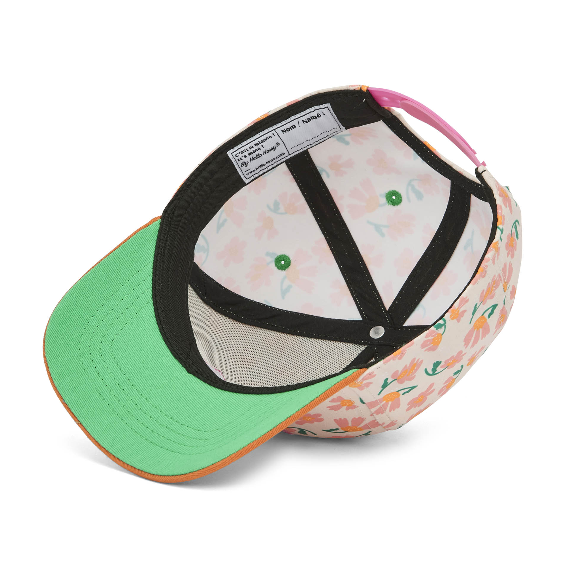 Cappellino per bambini stampato floral, dettaglio etichetta interna Hello Hossy