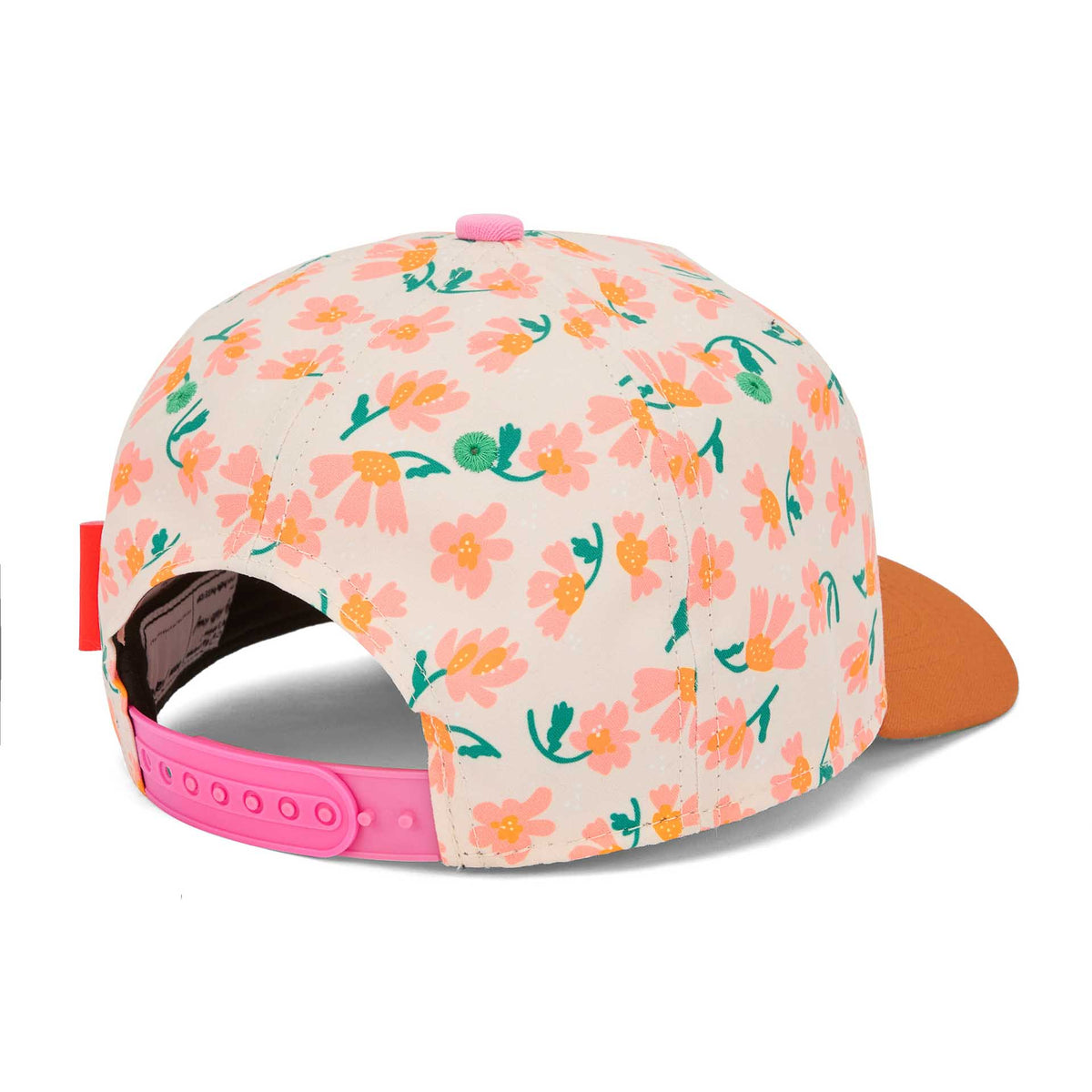 Cappellino per bambini color crema con fiori colorati, dettaglio chiusura posteriore Hello Hossy