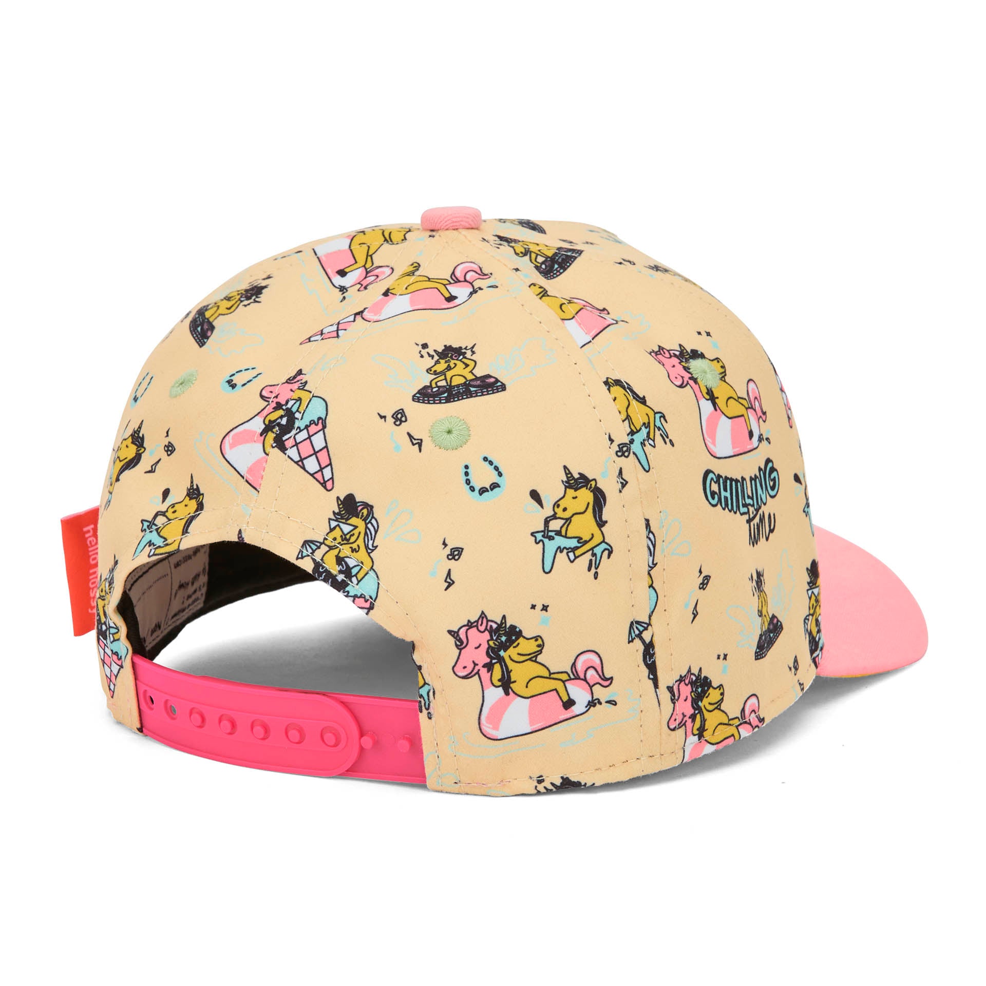 Cappellino da bambino rosa e giallo con stampa unicorno, visiera curva regolabile Hello Hossy