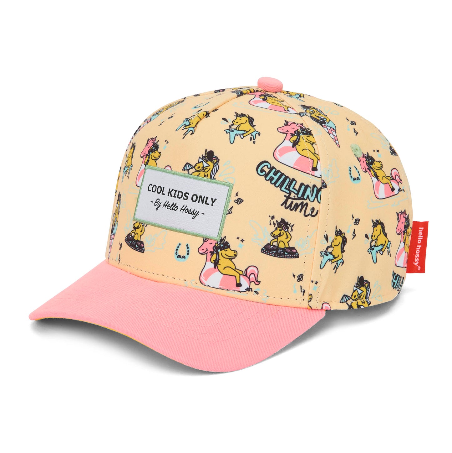 Cappellino bambino rosa e giallo con stampa unicorni, visiera curva, patch, Hello Hossy