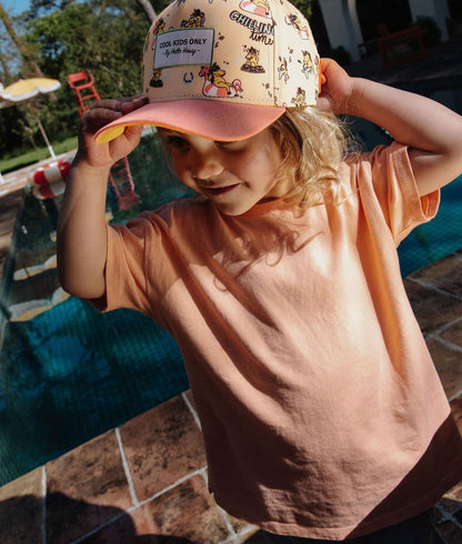 Cappellino bambino rosa con stampa unicorni, visiera curva, patch Hello Hossy
