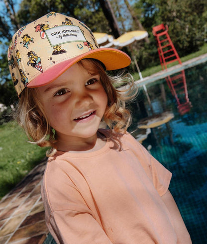 Cappellino per bambini rosa giallo stampato unicorni, visiera curva Hello Hossy