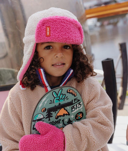 Colbacco per bambini bianco e rosa effetto sherpa, paraorecchie, chiusura Hello Hossy