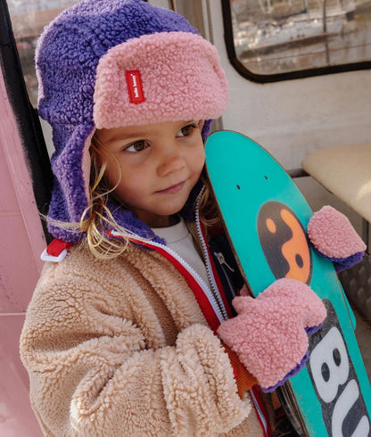 Colbacco bambino viola rosa effetto sherpa chiusura regolabile Hello Hossy