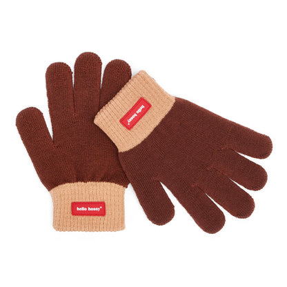 Guanti bambino marroni bordo Beige in maglia fine, etichetta Hello Hossy