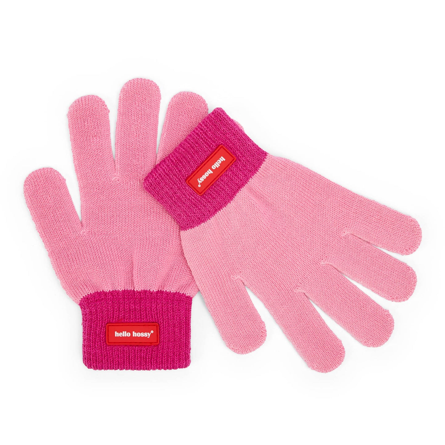 Guanti bambino rosa fuchsia bordo a costine etichetta Hello Hossy