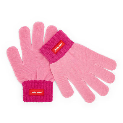 Guanti bambino rosa fuchsia bordo a costine etichetta Hello Hossy