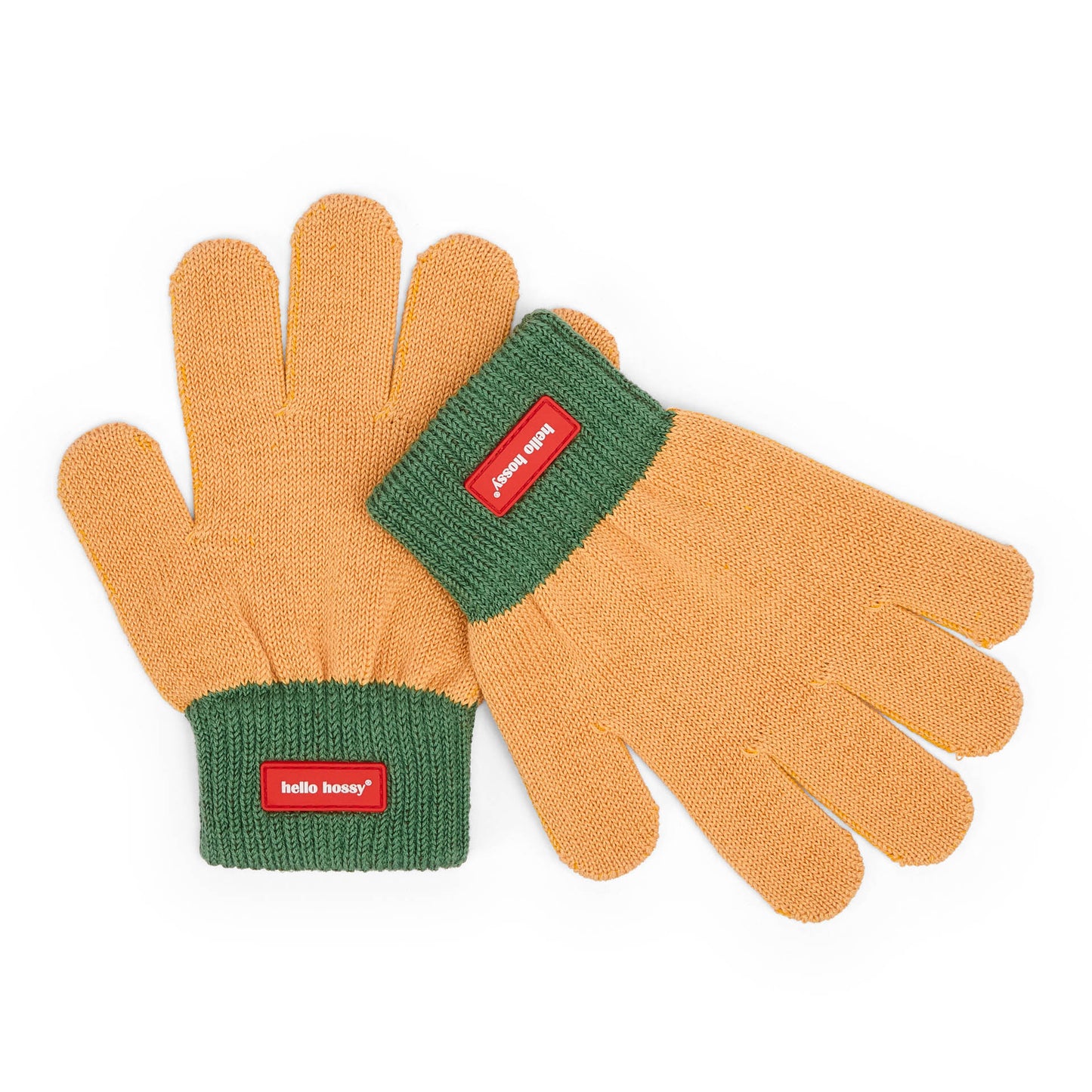 Guanti per bambini color cammello, polsino verde, etichetta Hello Hossy