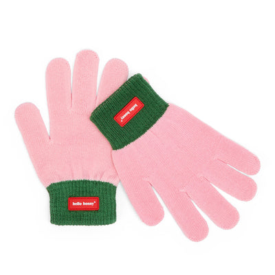 Guanti bambino rosa bordo verde etichetta rossa Hello Hossy